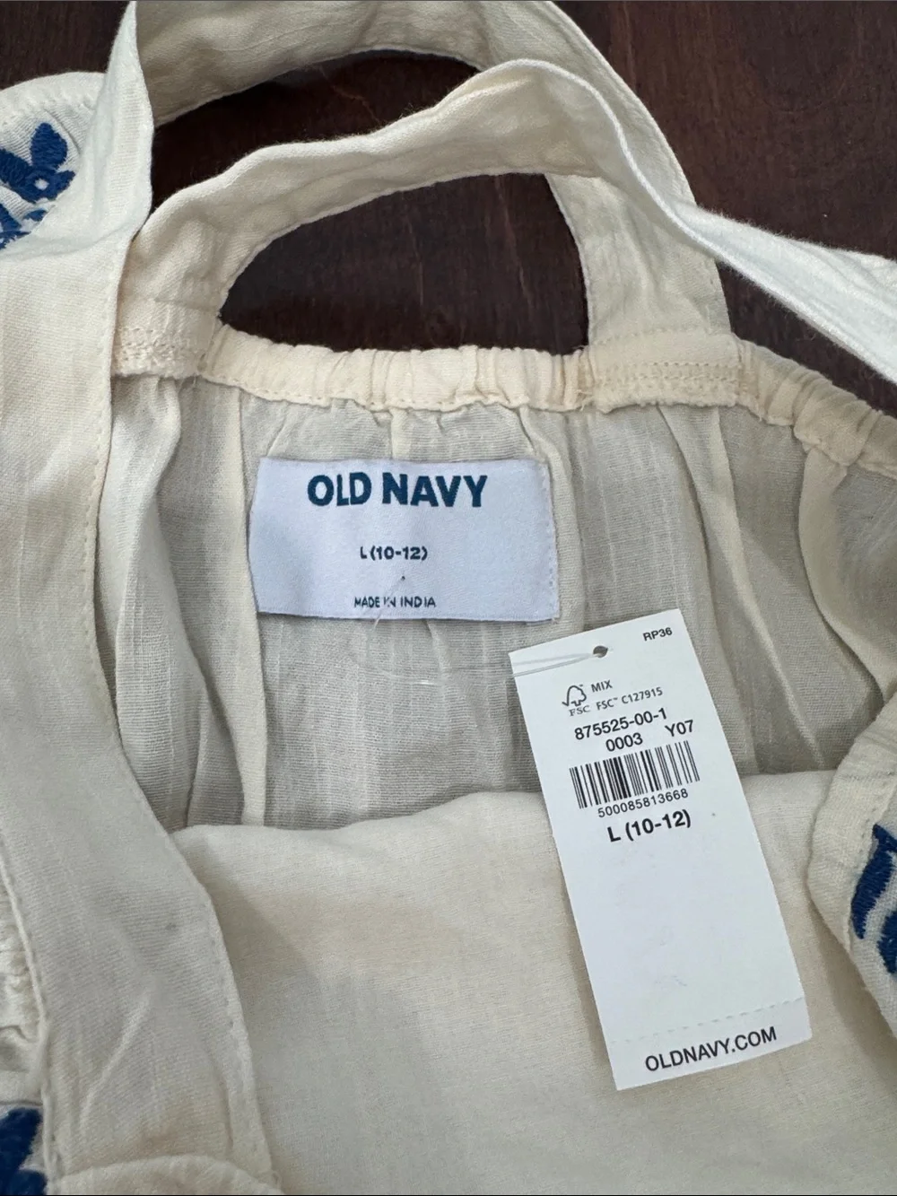 NEW Old Navy Girls Summer Top Blouse Cross-Back Ivory w/Blue Embroidery, L 10/12